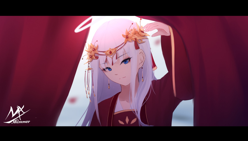 1girl angel_girl_(shimmer) arm_up artist_name bangs blue_eyes collarbone curtains earrings eyebrows_visible_through_hair grey_hair hair_ornament halo highres jewelry letterboxed long_hair long_sleeves looking_at_viewer original shimmer smile upper_body