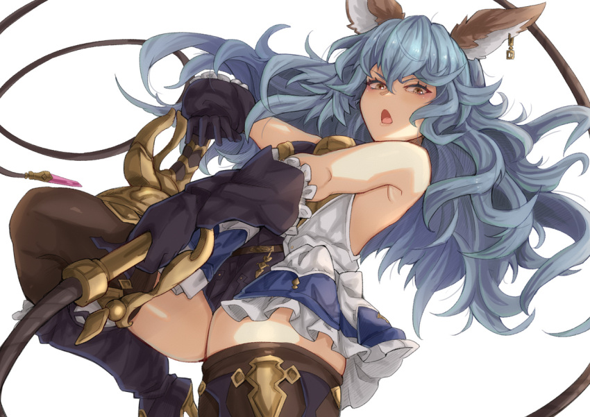 1girl animal_ears backless_outfit bangs belt black_gloves blue_hair blue_skirt breasts earrings erune ferry_(granblue_fantasy) gloves granblue_fantasy holding holding_whip jewelry long_hair loose_belt open_mouth rabbit_ears single_earring skirt small_breasts solo wavy_hair whip yellow_eyes yude