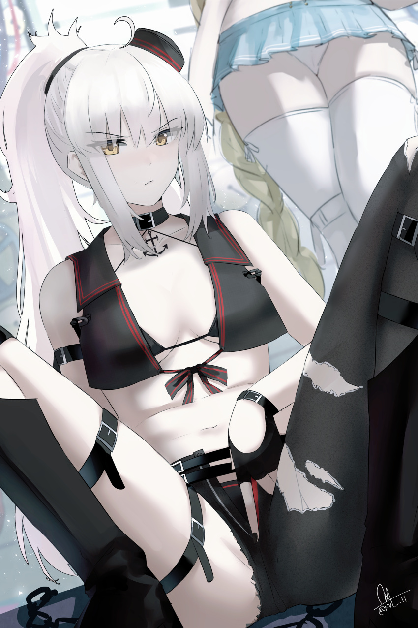 2girls :/ absurdres belt_collar bikini black_bikini black_footwear black_gloves black_legwear black_nails blue_microskirt blue_skirt blush breast_curtains breasts closed_mouth collar eyebrows eyebrows_visible_through_hair eyes eyes_visible_through_hair fate/grand_order fate_(series) fingerless_gloves fingernails frown gloves highres huge_filesize jeanne_d'arc_(alter)_(fate) jeanne_d'arc_(fate) jeanne_d'arc_(fate/apocrypha) legs legs_apart legs_together looking_at_viewer medium_breasts microskirt multiple_girls mystery_treasure navel nvl panties pantyshot pleated_microskirt pleated_skirt ponytail single_leg_pantyhose skirt solo_focus swimsuit thigh_strap torn_clothes torn_legwear twitter_username underwear white_hair white_panties yellow_eyes