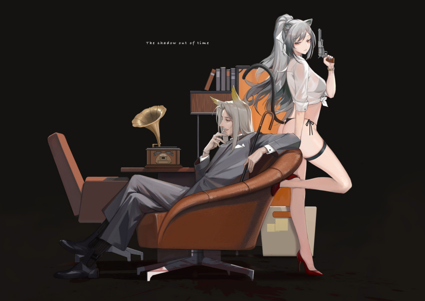 1boy 1girl absurdres animal_ears arknights ass bikini bird_ears black_footwear book bracelet breasts cat_ears cat_girl cat_tail chair chinese_commentary cigarette cjmy crossed_legs desk english_text formal from_side grey_hair gun handgun hellagur_(arknights) high_heels highres holding holding_gun holding_weapon jewelry leaning long_hair lounge_chair parted_lips phonograph pistol pocket_square ponytail red_footwear ring schwarz_(arknights) see-through_shirt shirt shoes side-tie_bikini sitting stain standing standing_on_one_leg suit swimsuit tail thigh_strap thong_bikini tied_shirt very_long_hair watch watch weapon white_shirt yellow_eyes
