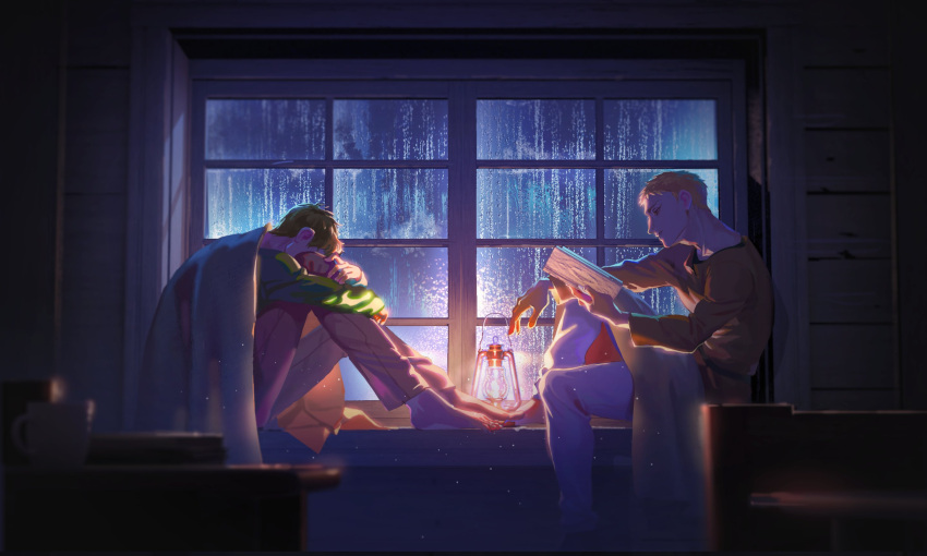2boys barefoot blonde_hair book character_request commentary_request copyright_request green_hair highres holding holding_book indoors jacket jacket_on_shoulders knees_up male_focus meipu_hm multiple_boys night oil_lamp pants profile reading shirt sitting table window