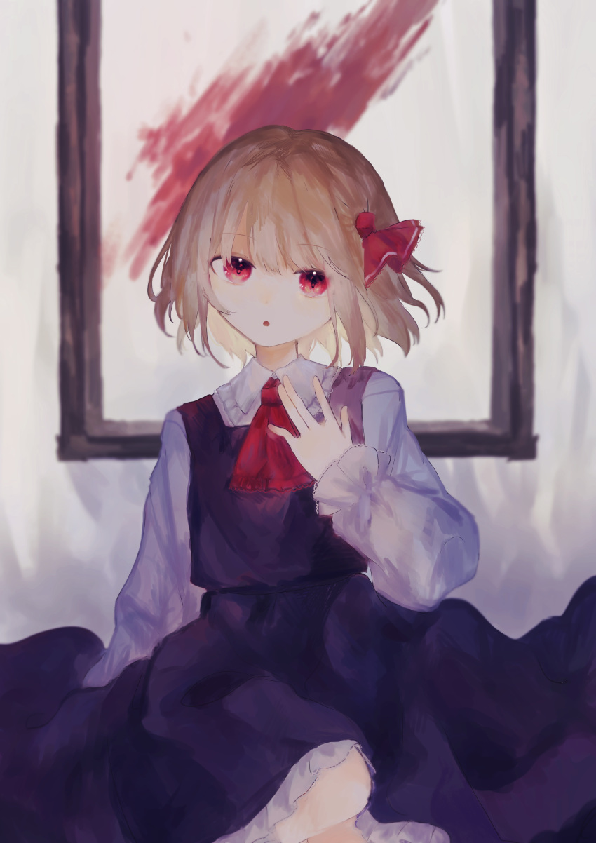 1girl :o \||/ absurdres ascot bangs black_skirt black_vest blonde_hair blood blood_stain blurry blurry_background commentary_request depth_of_field eyebrows_visible_through_hair feet_out_of_frame flat_chest frilled_shirt_collar frills hair_between_eyes hair_ribbon hand_up head_tilt highres long_sleeves looking_at_viewer nekonabe_(na_be123) painting_(object) parted_lips petticoat puffy_sleeves red_eyes red_ribbon ribbon rumia short_hair skirt solo standing standing_on_one_leg touhou vest