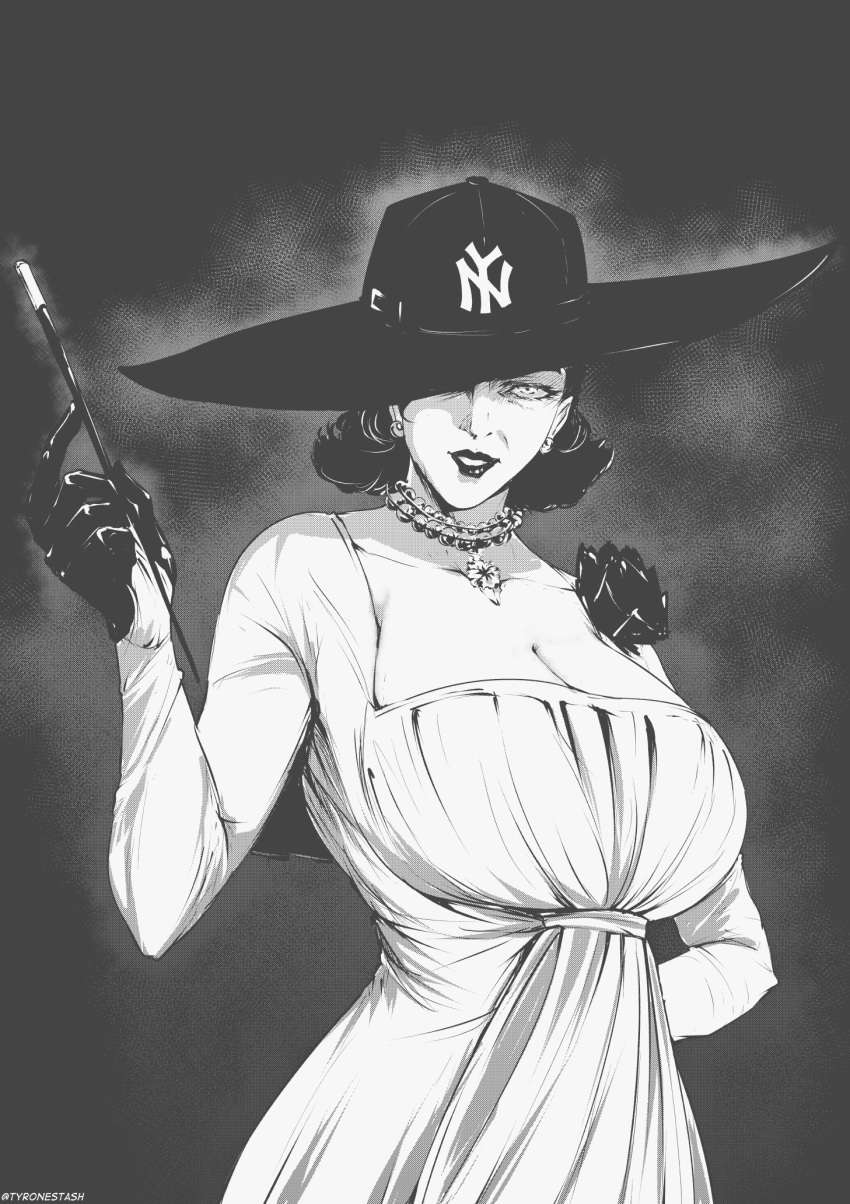 1girl alcina_dimitrescu arm_behind_back bangs breasts dress english_commentary gloves greyscale hair_behind_ear hat highres holding holding_pipe large_breasts looking_at_viewer monochrome new_york_yankees parted_lips pipe resident_evil resident_evil_village short_hair solo sun_hat tyrone