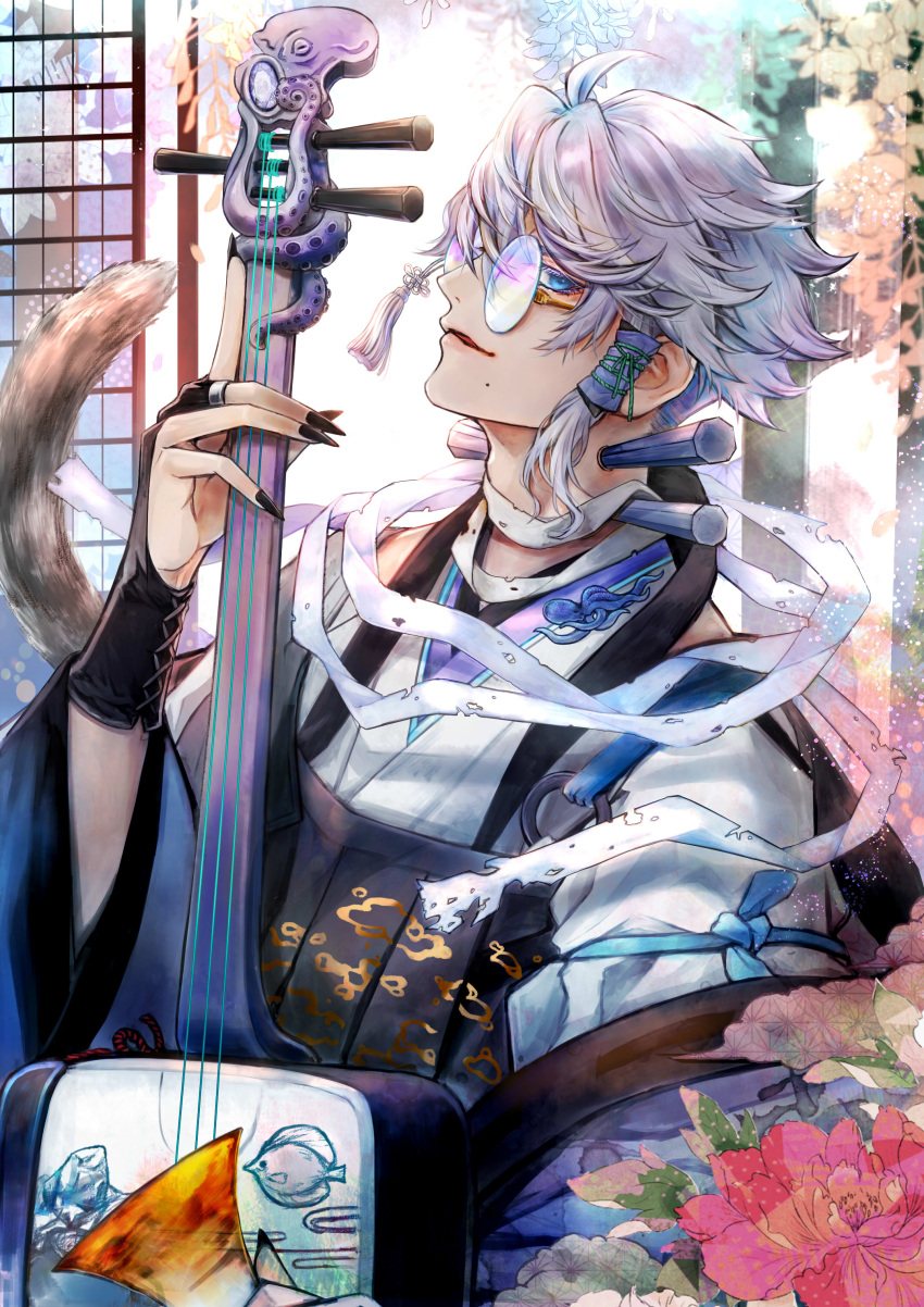 1boy absurdres azul_ashengrotto bangs black_nails blue_eyes bridal_gauntlets chinese_clothes fingernails glasses hasura_(coconutice) highres holding holding_instrument holding_pipe instrument jewelry looking_at_viewer male_focus mole mole_under_mouth pipe ring round_eyewear sharp_fingernails short_hair silver_hair smile solo twisted_wonderland wide_sleeves
