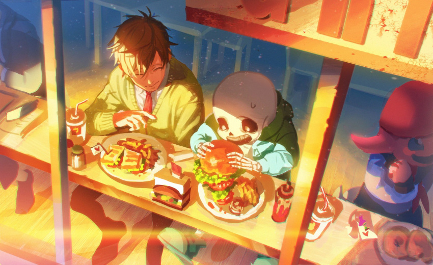 2boys brown_hair burger chair character_request closed_eyes commentary_request day eating food french_fries highres hood hooded_jacket hoodie jacket meipu_hm multiple_boys necktie pants restaurant sandwich sans shirt short_hair shorts sitting skeleton skull slippers undertale