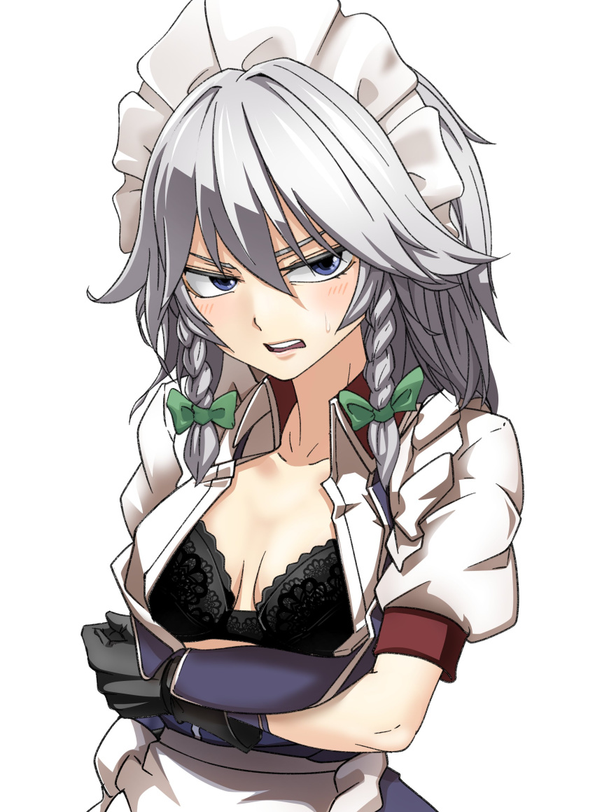 1girl absurdres apron ascot bangs black_bra black_gloves blue_eyes blush bow bra braid breast_hold breasts breasts_apart collared_shirt commentary_request cropped_torso gloves green_bow green_neckwear hair_between_eyes hair_bow hair_ribbon highres izayoi_sakuya kikoka_(mizuumi) large_breasts looking_at_viewer maid maid_apron maid_headdress medium_hair open_clothes open_mouth puffy_short_sleeves puffy_sleeves ribbon shirt short_sleeves silver_hair simple_background solo sweatdrop touhou tress_ribbon twin_braids underwear upper_body upper_teeth white_background