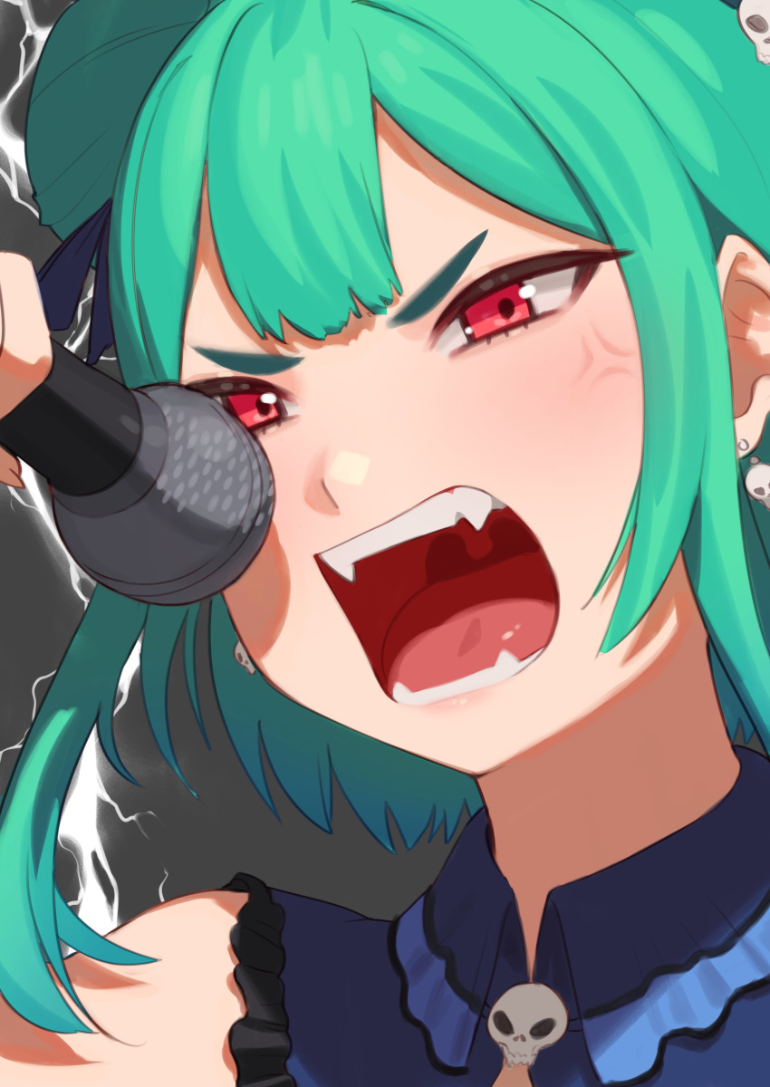 1girl absurdres anger_vein bangs close-up commentary earrings english_commentary fangs green_hair highres hololive jewelry microphone music open_mouth red_eyes short_hair singing skull_earrings solo sunna_(nilsunna) uruha_rushia uvula virtual_youtuber