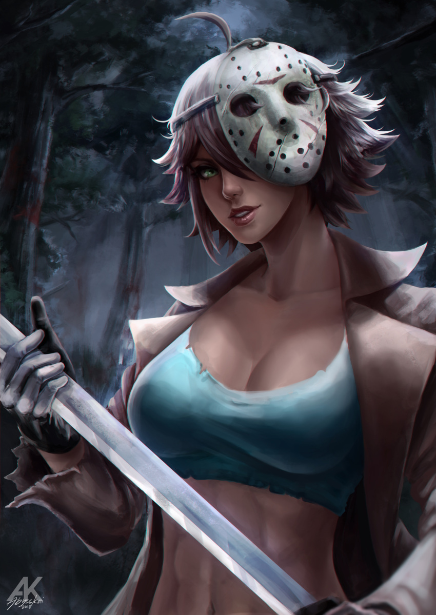 1girl 2018 abs absurdres abysskai ahoge artist_name bishoujo_terror black_gloves blood blood_splatter breasts brown_hair drawings face forest friday_the_13th genderswap genderswap_(mtf) gloves green_eyes highres hockey_mask initial jason_voorhees lips looking_at_viewer machete mask mask_over_one_eye medium_breasts nature night night_sky painting photoshop_(medium) portrait sky tomboy upper_body weapon