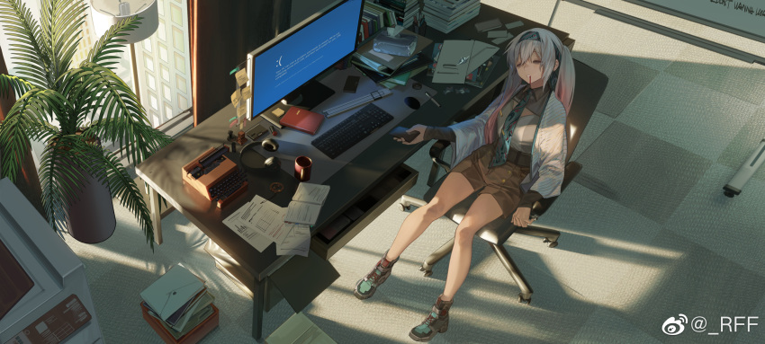 1girl blood blood_from_mouth blue_screen_of_death book brown_shorts cellphone chair chinese_commentary closed_eyes commentary_request cup desk from_above full_body girls'_frontline_neural_cloud girls_frontline hairband headphones highres holding holding_phone indoors keyboard_(computer) long_hair lwmmg_(girls'_frontline) monitor mug multicolored_hair necktie office_chair on_chair paper phone pink_hair plant rff_(3_percent) shoes shorts sneakers solo sticky_note tissue_box twintails typewriter very_long_hair weibo_username white_hair window