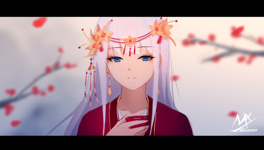 1girl angel_girl_(shimmer) bangs blue_eyes blurry blurry_background cup eyebrows_visible_through_hair flower hair_flower hair_ornament highres holding holding_cup letterboxed long_hair looking_at_viewer original portrait red_shirt shimmer shirt silver_hair solo