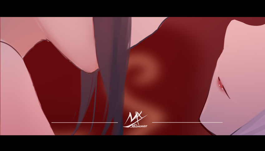2girls angel_girl_(shimmer) artist_name black-haired_demon_girl_(shimmer) black_hair blurry blurry_background closed_mouth head_out_of_frame highres letterboxed long_hair multiple_girls original red_lips shimmer short_hair symbol-only_commentary yuri