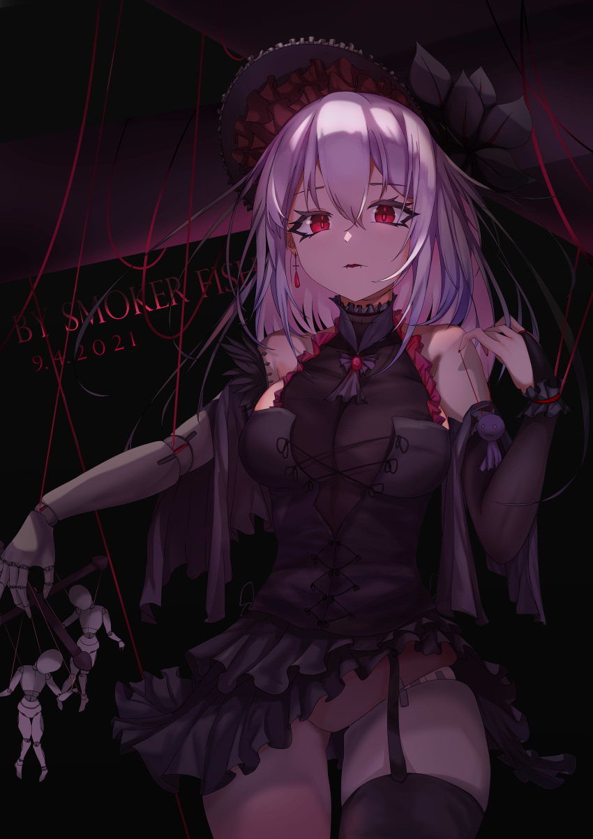 1girl absurdres artist_name black_dress black_skirt breasts bridal_gauntlets closed_mouth dated doll doll_joints dress ear hair_between_eyes highres joints looking_at_viewer original red_eyes skirt smoker_fish thighs vampire white_hair