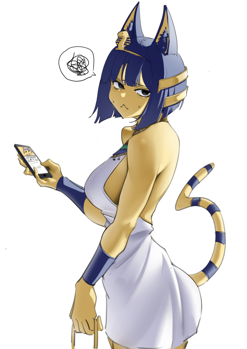 1girl :&lt; absurdres animal_crossing animal_ears ankha_(animal_crossing) bangs black_eyes blue_fur blue_hair blunt_bangs bob_cut breasts cat_ears cat_girl cat_tail cellphone dress egyptian egyptian_clothes eyebrows_visible_through_hair from_side furry hair_ornament harris_hero highres holding holding_phone large_breasts looking_at_viewer phone short_hair simple_background sleeveless sleeveless_dress snake_hair_ornament solo standing striped_tail sweat tail two-tone_fur upper_body white_background white_dress yellow_fur