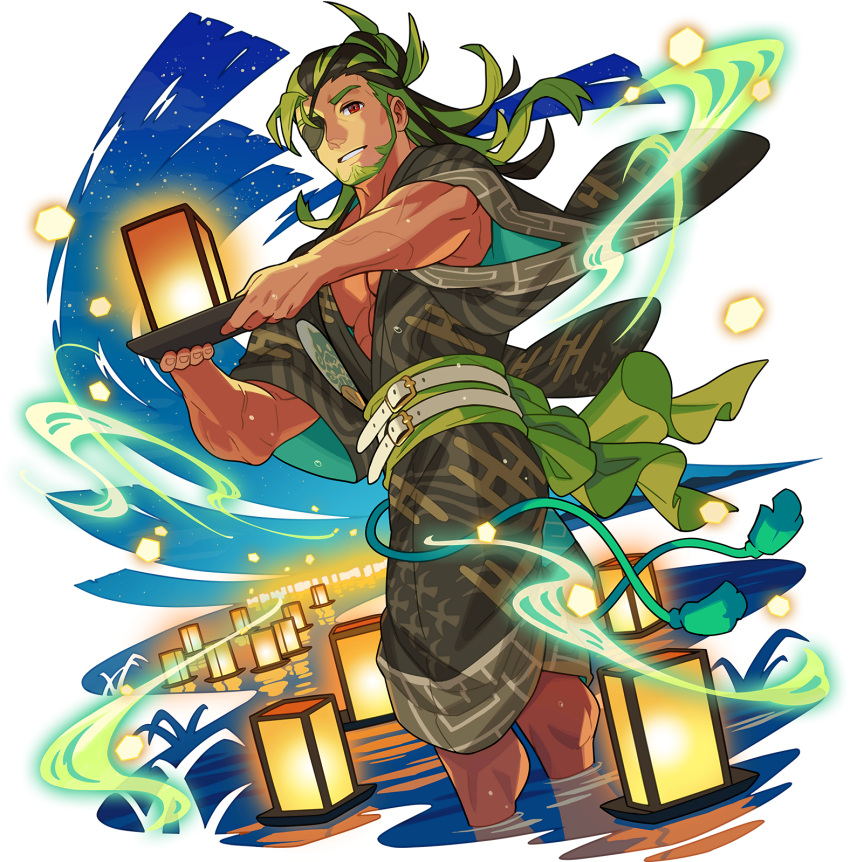 1boy artist_request aura bangs beard belt blue_sky brown_hair brown_kimono dutch_angle egasumi eyepatch facial_hair forehead full_body gradient_sky green_hair grin hair_bun hand_fan happy highres holding holding_lantern japanese_clothes kimono lantern lantern_festival lantern_on_liquid large_pectorals leon_(world_flipper) light_particles long_hair long_sleeves looking_at_viewer male_focus multicolored_hair muscular muscular_male night non-web_source obi official_art open_clothes open_kimono paper_fan paper_lantern partially_submerged pectorals red_eyes sash sky sky_lantern smile solo standing star_(sky) starry_sky streaked_hair tassel teeth tied_hair transparent_background two-tone_hair uchiwa wading wet wide_sleeves world_flipper