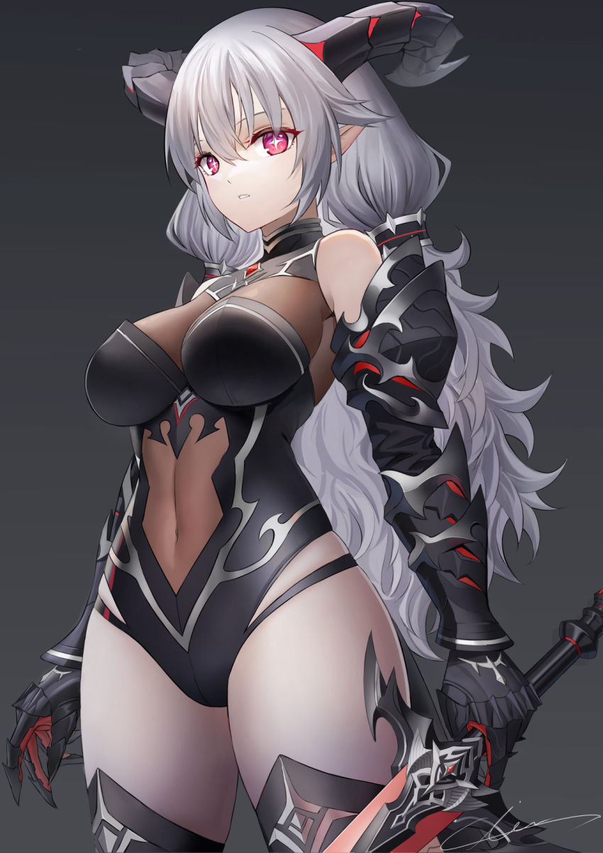 +_+ 1girl armor bangs bare_shoulders black_armor black_legwear black_leotard bodystocking breasts commentary_request covered_navel cowboy_shot curled_horns demon_girl demon_horns demon_tail detached_sleeves gauntlets grey_background grey_hair hair_between_eyes hair_tubes highres holding holding_sword holding_weapon horns large_breasts leotard long_hair looking_at_viewer original parted_lips pointy_ears red_eyes sidelocks signature sion_(9117) solo standing sword tail thigh-highs weapon