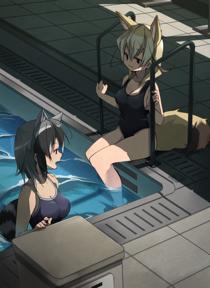 2girls alternate_costume animal_ears bare_arms bare_legs bare_shoulders barefoot black_hair blonde_hair blue_swimsuit commentary_request common_raccoon_(kemono_friends) expressionless eyebrows_visible_through_hair fang fennec_(kemono_friends) fox_ears fox_girl fox_tail grey_hair highres kemono_friends multicolored_hair multiple_girls nanana_(nanana_iz) one-piece_swimsuit open_mouth pool raccoon_ears raccoon_girl raccoon_tail short_hair sitting swimming swimsuit tail white_hair