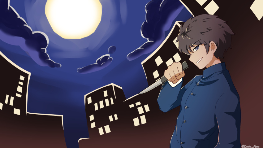1boy bangs black_hair blue_eyes blue_shirt cityscape clouds collared_shirt concha_(mamecha) full_moon grin hand_in_pocket highres holding holding_knife knife long_sleeves looking_at_viewer male_focus melty_blood moon nanaya_shiki night night_sky outdoors school_uniform shirt short_hair sky smile solo tsukihime twitter_username upper_body