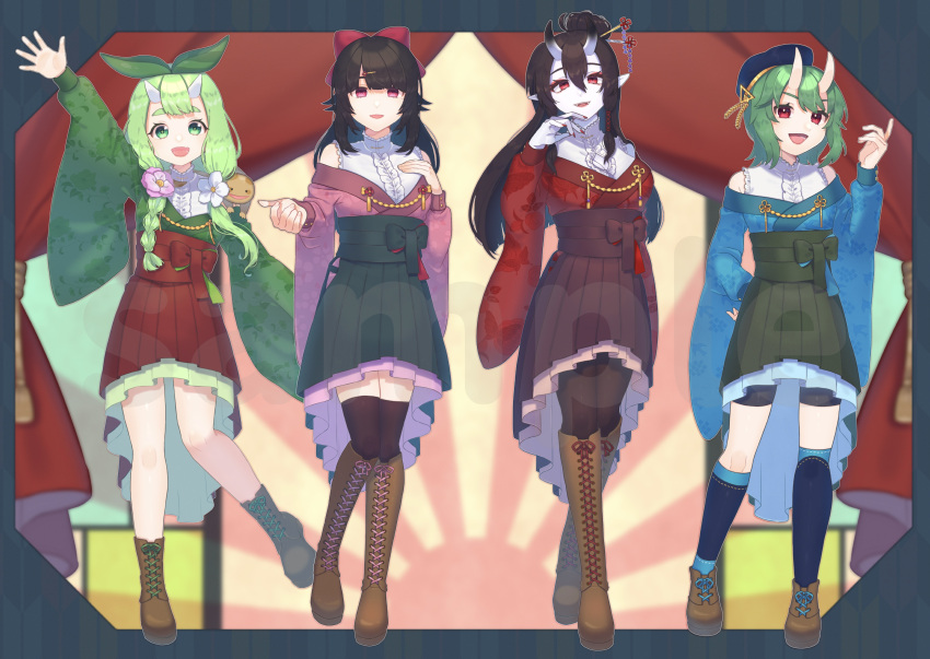 4girls absurdres ankle_boots black_legwear boots brown_footwear character_request clothing_request copyright_request cross-laced_footwear highres horns indie_virtual_youtuber japanese_clothes kimono kimono_skirt knee_boots lace-up_boots multiple_girls official_art oni oni_horns sakuhana87 tagme thigh-highs thighhighs_under_boots virtual_youtuber youkai yukata