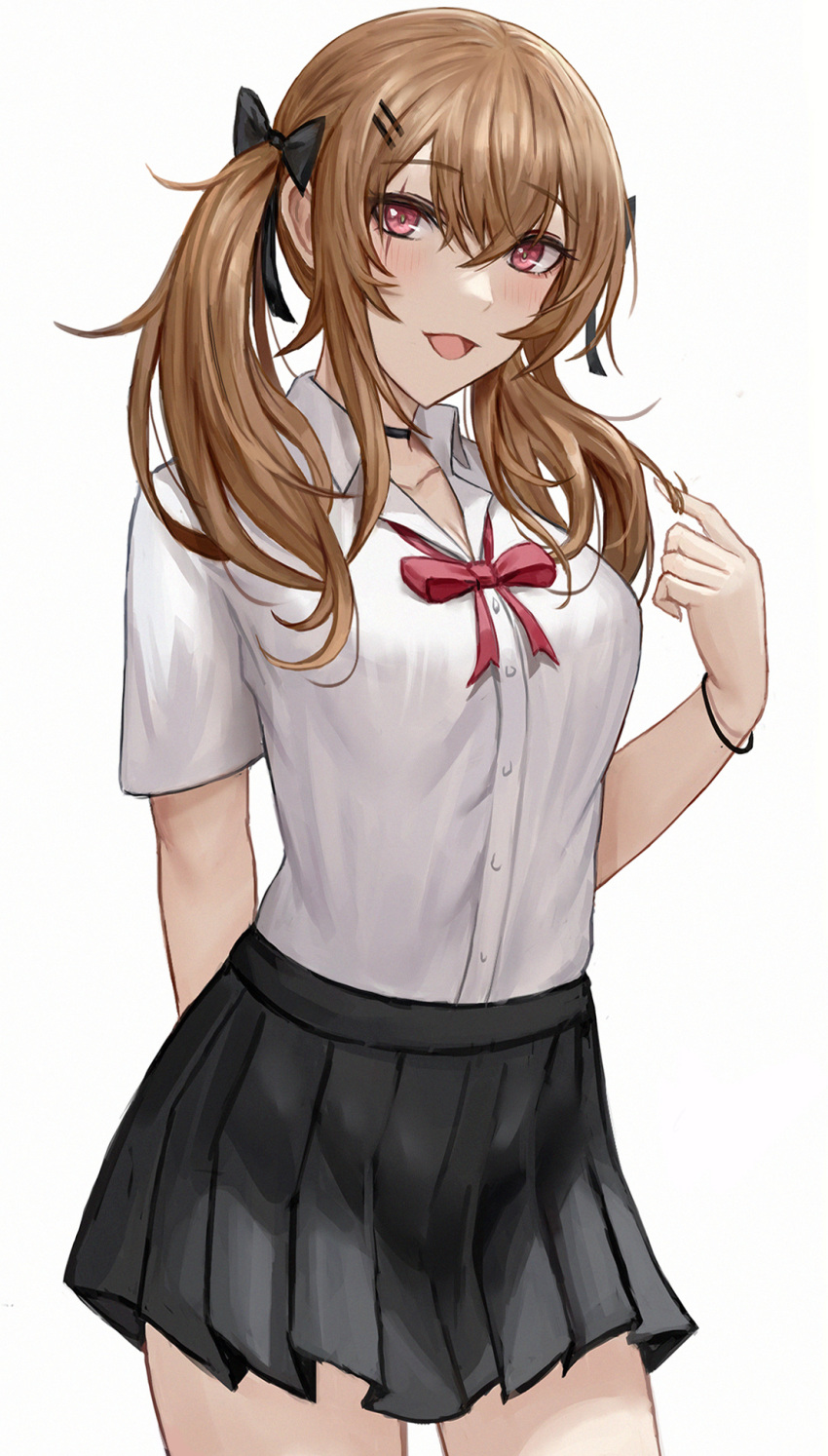 1girl alternate_costume blush breasts brown_hair girls_frontline hair_ribbon highres long_hair looking_at_viewer medium_breasts open_mouth pink_eyes pleated_skirt ribbon scar scar_across_eye scar_on_face school_uniform selcky short_sleeves simple_background skirt solo twintails ump9_(girls'_frontline) white_background