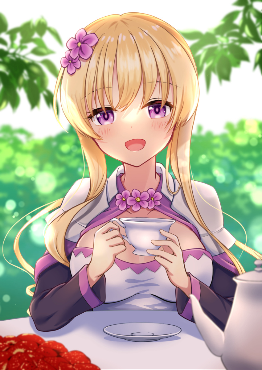 1girl :d blonde_hair breasts cup flower flower_knight_girl food fruit hair_flower hair_ornament highres holding holding_cup leaf looking_at_viewer medium_breasts open_mouth outdoors saintpaulia_(flower_knight_girl) sakuragi_sayu short_hair short_hair_with_long_locks smile solo strawberry table teacup teapot upper_body violet_eyes