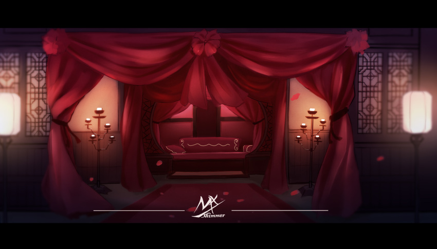 artist_name bed curtains highres indoors letterboxed light no_humans original petals scenery shimmer