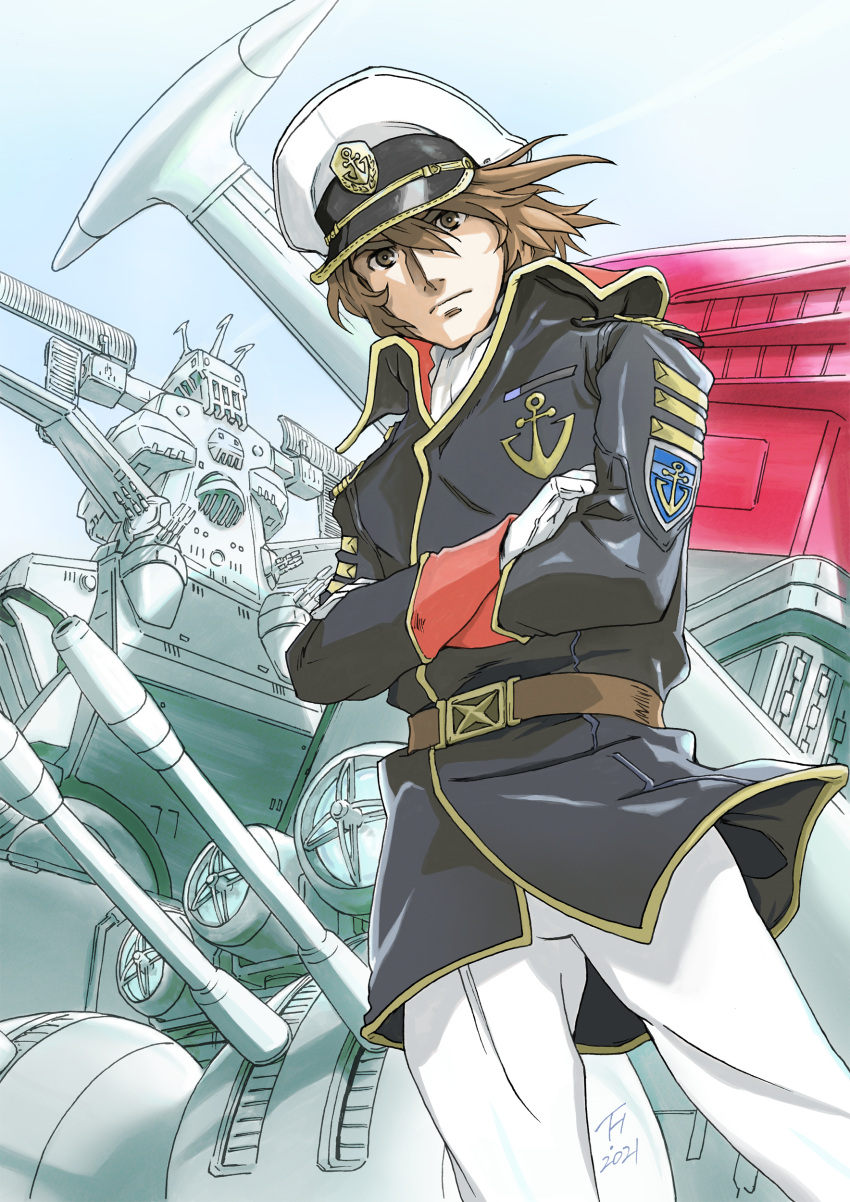 1boy absurdres belt black_jacket brown_belt brown_hair crossed_arms gloves hair_between_eyes hat highres huge_filesize jacket kujira_gunsou looking_at_viewer male_focus military military_hat military_uniform pants science_fiction solo space_craft uchuu_senkan_yamato uchuu_senkan_yamato_2205:_arata_naru_tabidachi uniform white_gloves white_headwear white_pants yamato_(uchuu_senkan_yamato)