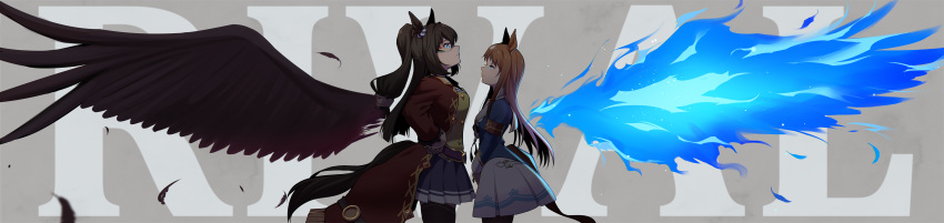 2girls absurdres animal_ears armband bangs blue_eyes blue_fire breasts brown_hair coat cowboy_shot detached_wings domino_mask dress el_condor_pasa_(umamusume) english_text falling_feathers feathered_wings fiery_wings fire grass_wonder_(umamusume) haibarasaika hands_on_hips hands_together height_difference highres horse_ears horse_girl horse_tail huge_filesize incredibly_absurdres long_hair mask multiple_girls open_clothes open_coat ponytail red_coat sailor_collar scrunchie skirt tail thigh-highs umamusume white_hair wide_image wings