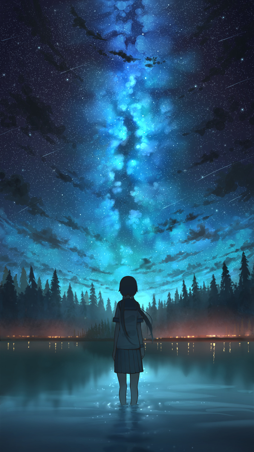 1girl absurdres forest highres lake landscape nature night night_sky original pasoputi pine_tree scenery school_uniform sky star_(sky) starry_sky tree twintails water