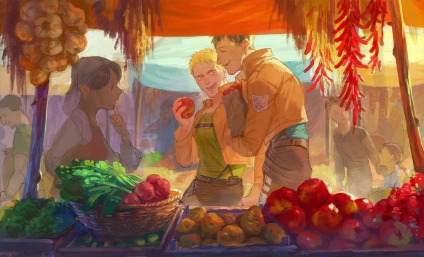 2boys 2girls 6+boys apple belt bertolt_hoover black_hair blonde_hair blue_shirt commentary_request food fruit green_shirt highres market meipu_hm military military_uniform multiple_boys multiple_girls outdoors pants reiner_braun shingeki_no_kyojin shirt short_hair survey_corps survey_corps_(emblem) suspenders uniform vegetable