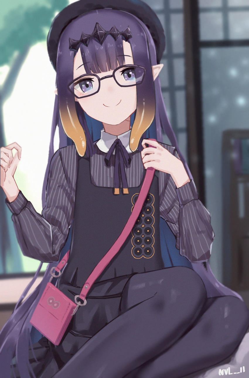 1girl absurdres bag black-framed_eyewear black_dress black_headwear black_legwear blurry blurry_background closed_mouth depth_of_field dress glasses gradient_hair hairband hat highres hololive hololive_english long_hair long_sleeves looking_at_viewer multicolored_hair neck_ribbon ninomae_ina'nis nvl official_alternate_costume pantyhose pinafore_dress pointy_ears purple_hair purple_ribbon ribbon shoulder_bag signature smile solo tentacle_hair very_long_hair violet_eyes