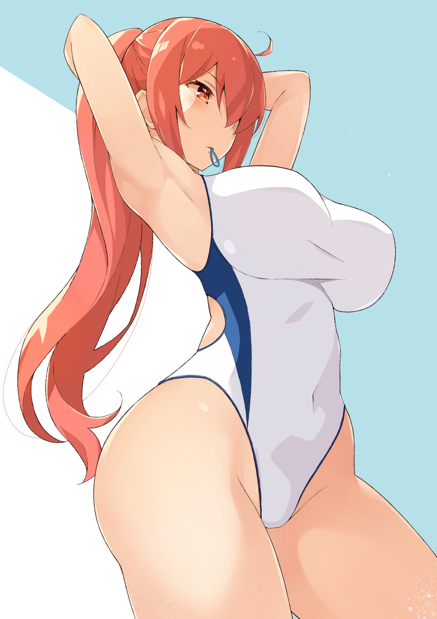 1girl absurdres adjusting_hair armpits arms_up bangs bare_arms bare_legs blue_background breasts commentary competition_swimsuit covered_navel eyebrows_visible_through_hair hair_between_eyes hair_tie highres large_breasts mouth_hold nakamura_yukitoshi one-piece_swimsuit original ponytail red_eyes redhead simple_background solo standing swimsuit thighs two-tone_background white_background white_swimsuit