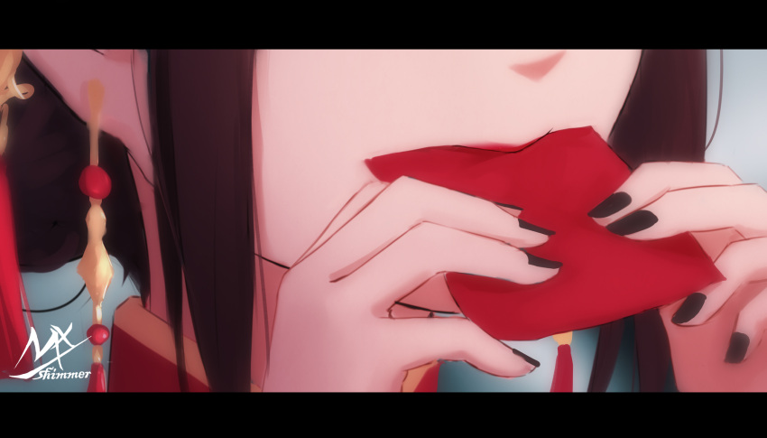 1girl artist_name black-haired_demon_girl_(shimmer) black_hair black_nails blurry blurry_background hand_up highres holding in_mouth letterboxed nail_polish original shimmer short_hair solo