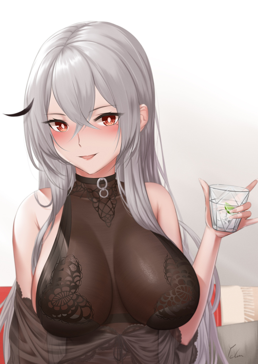 1girl absurdres azur_lane black_nightgown blush bodystocking breasts center_opening cup dress fine_fabric_emphasis gangut_(azur_lane) gangut_(keeper_of_the_firewater)_(azur_lane) hair_between_eyes highres holding holding_cup ichikushi_mojibake impossible_clothes indoors large_breasts long_hair looking_at_viewer nightgown off-shoulder_dress off_shoulder official_alternate_costume red_eyes see-through_dress silver_hair sitting