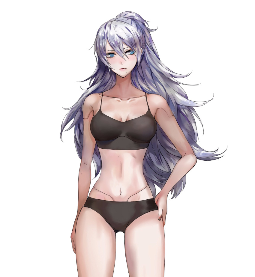 1girl alternate_hairstyle android blue_eyes collarbone hand_on_hip highres joints long_hair mole mole_under_mouth nier_(series) nier_automata parted_lips ponytail robot_joints shaokao_range simple_background solo stomach underwear underwear_only white_background white_hair yorha_type_a_no._2