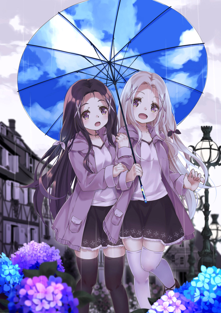 2girls 54hao :d bangs black_hair black_legwear black_ribbon black_skirt blue_flower flower forehead hair_ornament hair_ribbon highres holding holding_umbrella hood hood_down hooded_jacket hydrangea jacket long_hair multiple_girls open_clothes open_jacket open_mouth original outdoors parted_bangs pink_ribbon purple_flower purple_jacket rain ribbon shared_umbrella shirt siblings sisters skirt smile thigh-highs twins umbrella very_long_hair violet_eyes white_hair white_legwear white_shirt x_hair_ornament