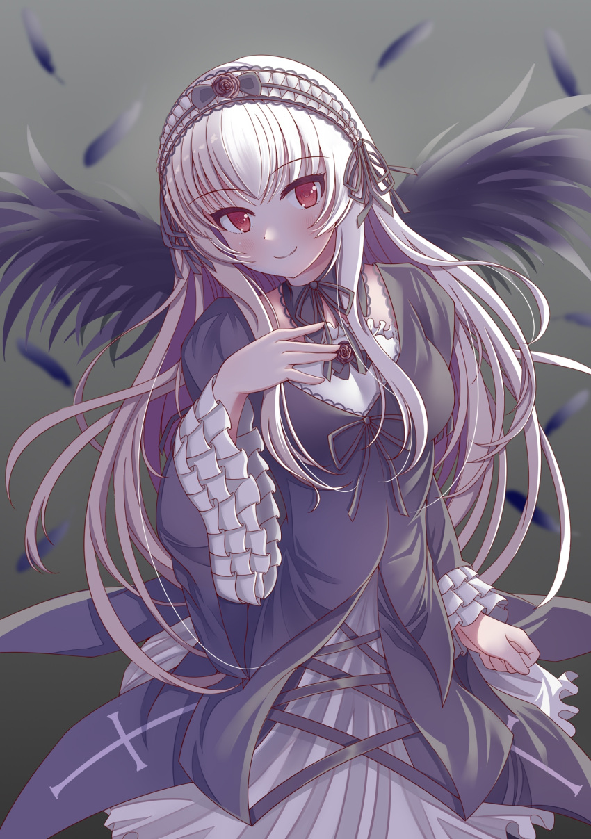 1girl bangs black_dress black_wings doll dress feathered_wings feathers headband highres long_hair looking_at_viewer red_eyes rozen_maiden silver_hair suigintou wings