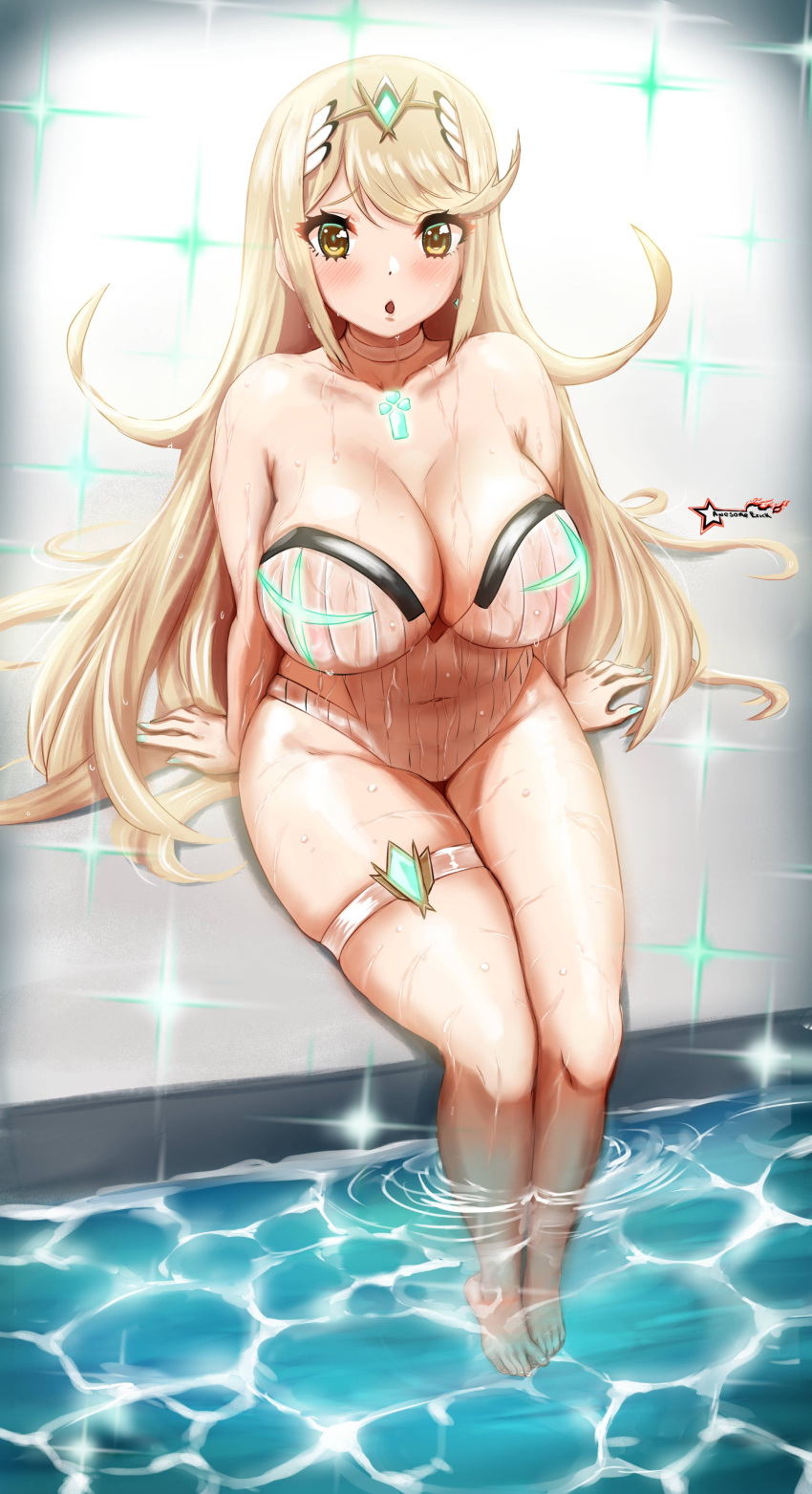 1girl absurdres awesomeerix bangs blonde_hair breasts chest_jewel gem headpiece highres large_breasts long_hair mythra_(radiant_beach)_(xenoblade) mythra_(xenoblade) one-piece_swimsuit ribbed_swimsuit solo strapless strapless_swimsuit striped swept_bangs swimsuit tiara vertical-striped_swimsuit vertical_stripes very_long_hair white_swimsuit xenoblade_chronicles_(series) xenoblade_chronicles_2 yellow_eyes