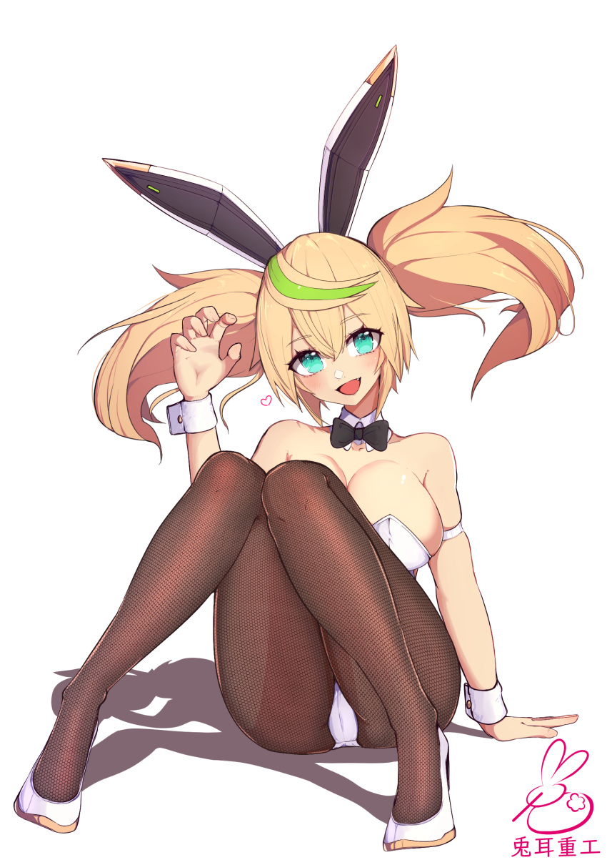 1girl :d animal_ears aqua_eyes armlet artist_request black_bow blonde_hair bow bowtie breasts brown_legwear detached_collar fishnet_legwear fishnets full_body gene_(pso2) green_hair heart highres large_breasts leotard long_hair looking_at_viewer multicolored_hair open_mouth phantasy_star phantasy_star_online_2 playboy_bunny rabbit_ears shadow shiny shiny_skin shoes signature simple_background sitting smile solo streaked_hair twintails two-tone_hair white_background white_footwear white_leotard wrist_cuffs