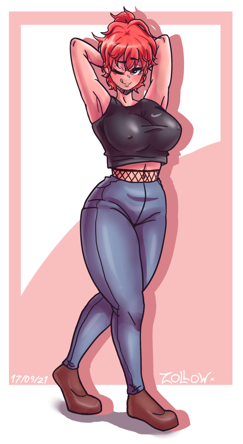 1girl ;) absurdres armpits arms_up blush breasts crossed_legs denim dress highres jeans large_breasts mature_female navel nike one_eye_closed original pants redhead shoes simple_background smile solo strapless strapless_dress thick_thighs thighs tongue tongue_out zollow