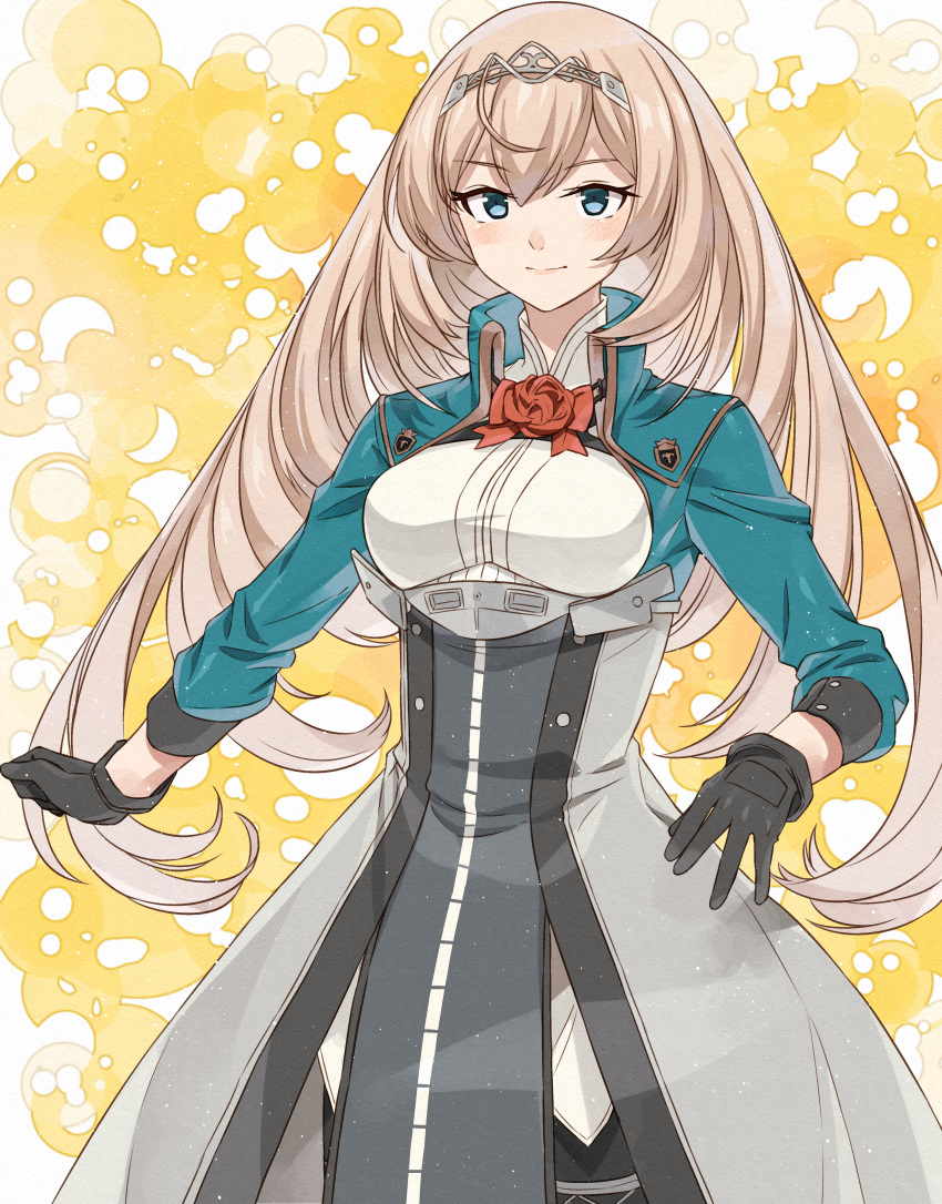 1girl absurdres black_gloves blonde_hair blue_eyes blush breasts closed_mouth eyebrows_visible_through_hair flower gloves hair_between_eyes hairband highres huge_filesize kanmiya_shinobu kantai_collection light_smile long_hair long_sleeves medium_breasts red_flower red_ribbon red_rose ribbon rose solo tiara victorious_(kancolle)