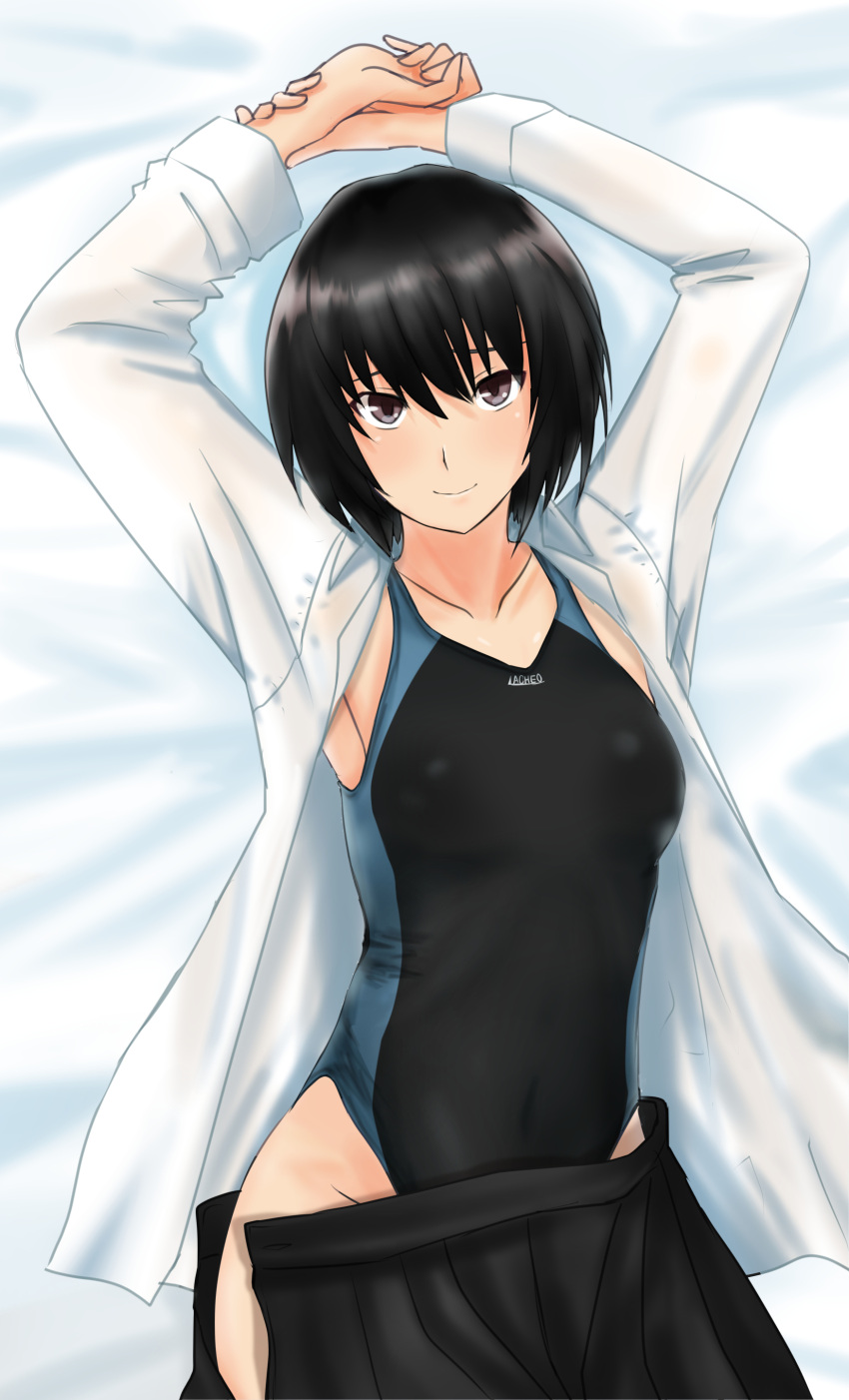 1girl absurdres amagami arms_up black_eyes black_hair black_skirt bob_cut commentary cowboy_shot dress_shirt highres long_hair looking_at_viewer lying nanasaki_ai open_clothes pleated_skirt shirt short_hair skirt solo swimsuit swimsuit_under_clothes two-tone_swimsuit white_shirt ykh1028