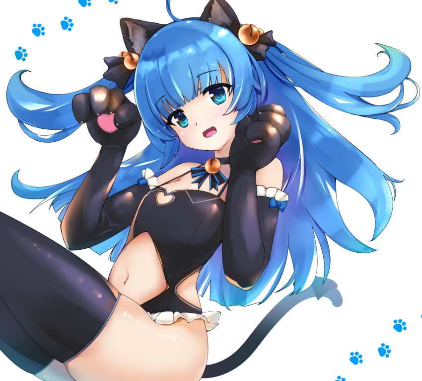 1girl :o animal_ears animal_hands bell black_legwear black_leotard black_ribbon blue_eyes blue_hair cat_ears cat_tail clothing_cutout eari elbow_gloves frilled_leotard frills gloves hair_bell hair_ornament hair_ribbon highres jingle_bell king's_raid leotard lilia_(king's_raid) long_hair looking_at_viewer navel navel_cutout open_mouth paw_gloves paw_pose paw_print ribbon shiny shiny_skin simple_background solo tail thigh-highs two_side_up white_background