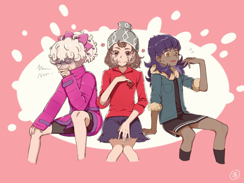 3boys alternate_hairstyle bangs beanie bede_(pokemon) bike_shorts blonde_hair bow brown_eyes brown_hair cable_knit closed_eyes closed_mouth coat commentary_request crossdressing dark-skinned_male dark_skin flying_sweatdrops fur-trimmed_jacket fur_trim grey_headwear hair_bow hand_up hat highres hop_(pokemon) jacket knees male_focus multiple_boys nai_gai_hongcha open_clothes open_jacket pink_bow pokemon pokemon_(game) pokemon_swsh purple_coat purple_hair red_shirt shirt short_hair sitting skirt sleeves_past_elbows sleeves_rolled_up smile socks victor_(pokemon) yellow_eyes