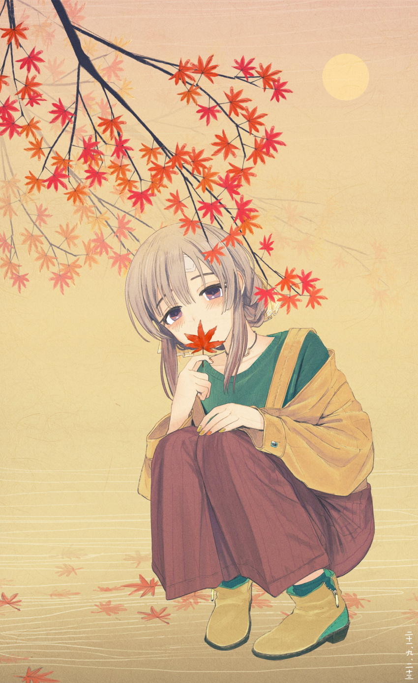 1girl absurdres alternate_costume alternate_hairstyle autumn autumn_leaves bandaid bandaid_on_face blush braid covered_mouth folded_ponytail green_shirt grey_hair hand_on_own_knee head_tilt highres holding holding_leaf idolmaster idolmaster_shiny_colors leaf looking_at_viewer maple_leaf maple_tree moon nail_polish pants red_pants shirt solo squatting tree tsukigawa yuukoku_kiriko