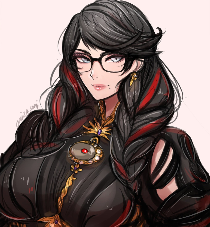 1girl bangs bayonetta bayonetta_(series) bayonetta_3 black-framed_eyewear black_bodysuit black_hair bodysuit braid breasts closed_mouth clothing_cutout commentary crescent earrings english_commentary eyeshadow glasses grey_eyes highres jewelry large_breasts lips lipstick long_hair looking_at_viewer makeup mole mole_under_mouth multicolored_hair omiza_somi pink_lips redhead signature simple_background smile solo streaked_hair swept_bangs twin_braids twintails two-tone_hair upper_body