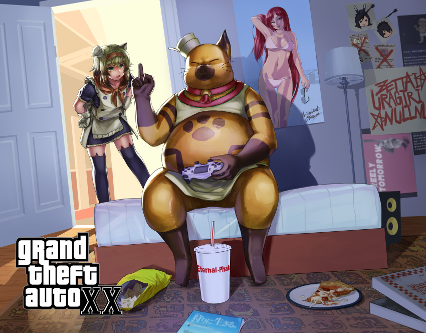 1boy 1girl animal_ear_legwear bag_of_chips bangs bed bikini black_dress black_legwear blonde_hair character_request chips closed_mouth commentary_request cup dart disposable_cup door dress dutch_angle eyebrows_visible_through_hair fat fat_man felyne food full_body furry furry_male grand_theft_auto grand_theft_auto_v green_eyes hentai_kuso_oyaji highres indoors looking_at_another maid manatsu_no_yo_no_inmu medium_hair megafaiarou_(talonflame_810) middle_finger monster_hunter_(series) monster_hunter_xx on_bed open_mouth orange_scarf pizza_box pizza_slice plate playstation_controller poster_(object) redhead scarf sitting sitting_on_bed standing swimsuit thigh-highs white_bikini