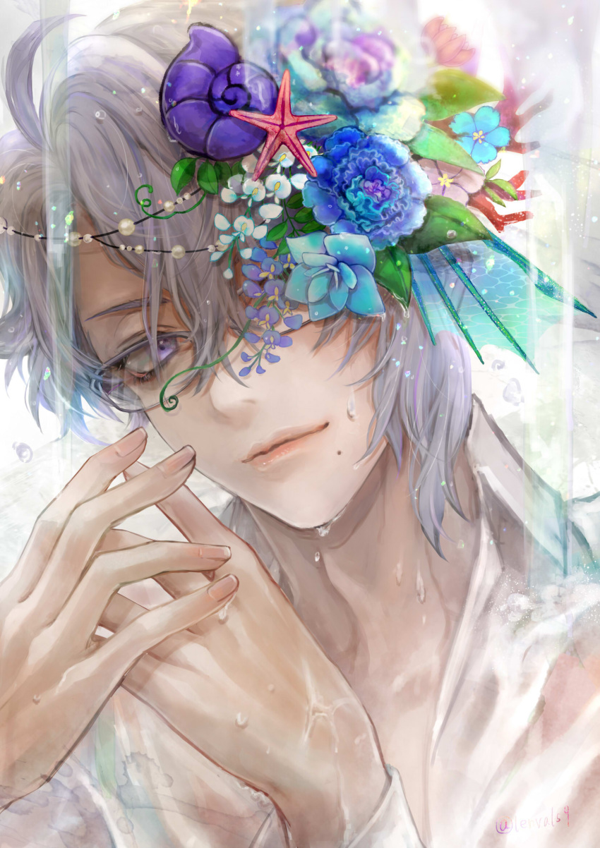 1boy azul_ashengrotto bangs blue_flower blue_rose closed_mouth flower glasses hair_between_eyes hair_flower hair_ornament hands_up hasura_(coconutice) highres looking_at_viewer male_focus mole mole_under_mouth rose rose_hair_ornament see-through shell shell_hair_ornament shirt short_hair silver_hair solo starfish starfish_hair_ornament twisted_wonderland upper_body violet_eyes wet wet_clothes wet_face wet_hair wet_shirt white_background white_shirt