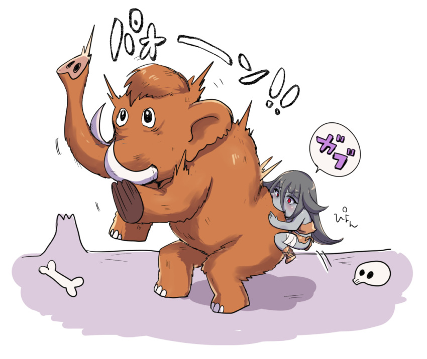 1girl 1other artist_name bandaged_leg bandages bangs biting black_hair blue_skin bone cavewoman chamame chibi colored_skin fur hair_between_eyes loincloth long_hair mammoth prehistoric prehistoric_animal red_eyes sidelocks simple_background skirt torn_clothes torn_skirt tusks very_long_hair white_background yamada_tae zombie zombie_land_saga