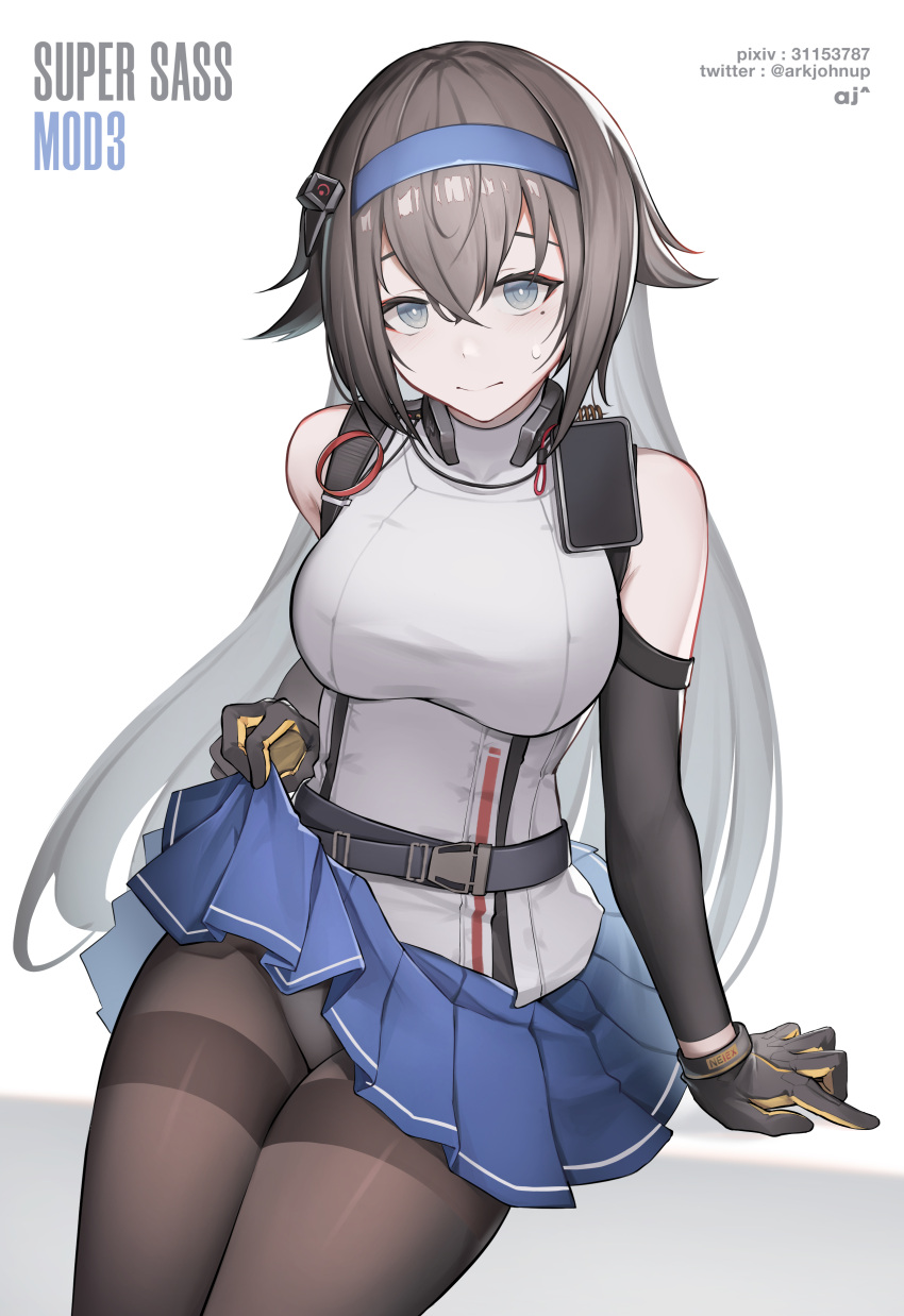 1girl absurdres ark_john_up arm_warmers bangs bare_shoulders breasts brown_hair clothes_lift commission girls_frontline gloves grey_eyes hair_flaps highres large_breasts long_hair mod3_(girls'_frontline) mole mole_under_eye pantyhose pixiv_request pleated_skirt skirt skirt_lift solo super_sass_(girls'_frontline) sweatdrop thighband_pantyhose very_long_hair