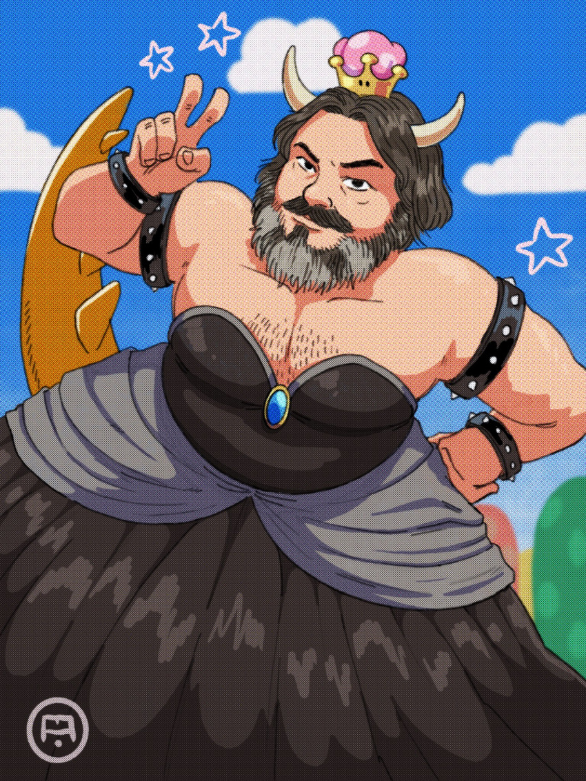 1boy armlet beard black_dress black_hair blue_sky bowsette bowsette_(cosplay) bracelet chest_hair clouds collarbone commentary cosplay cottonwoodler crossdressing crown day dress english_commentary facial_hair fingernails hand_on_hip hand_up highres horns jack_black jewelry looking_at_viewer male_focus mustache new_super_mario_bros._u_deluxe outdoors real_life short_hair sky solo spiked_armlet spiked_bracelet spikes star_(symbol) strapless strapless_dress super_crown super_mario_bros. super_mario_bros._(2022_film) v